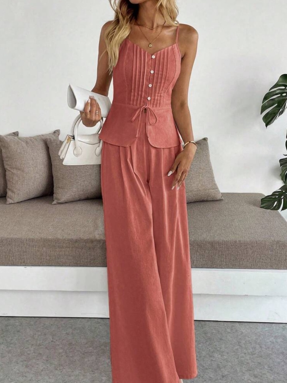 Orange 2 Piece Wide-Leg Pants with Structured Corset Bodice Top Set - Picture 4 of 6
